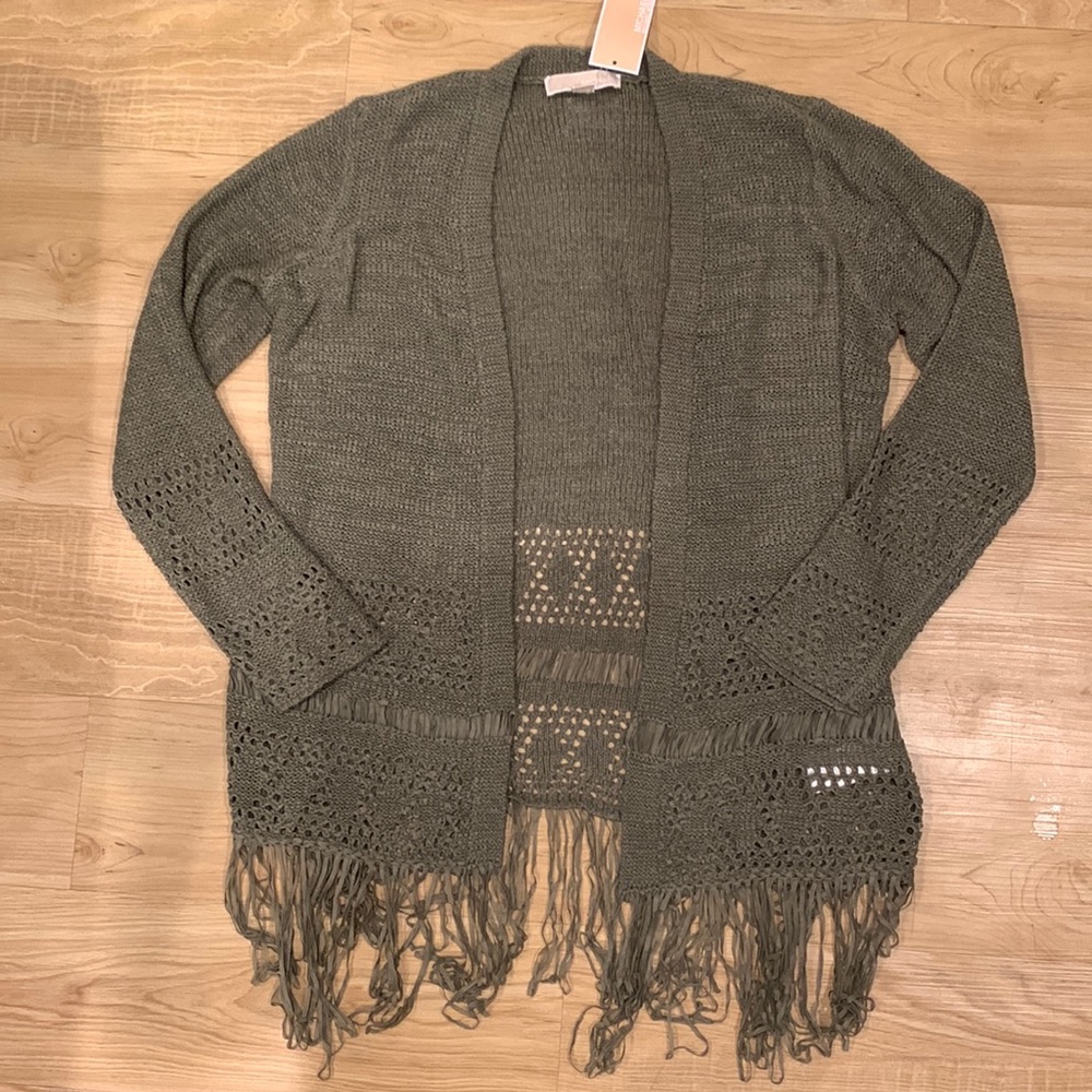 Women’s Michael Kors Knit Fringe Trim Army Green Cardigan Small
